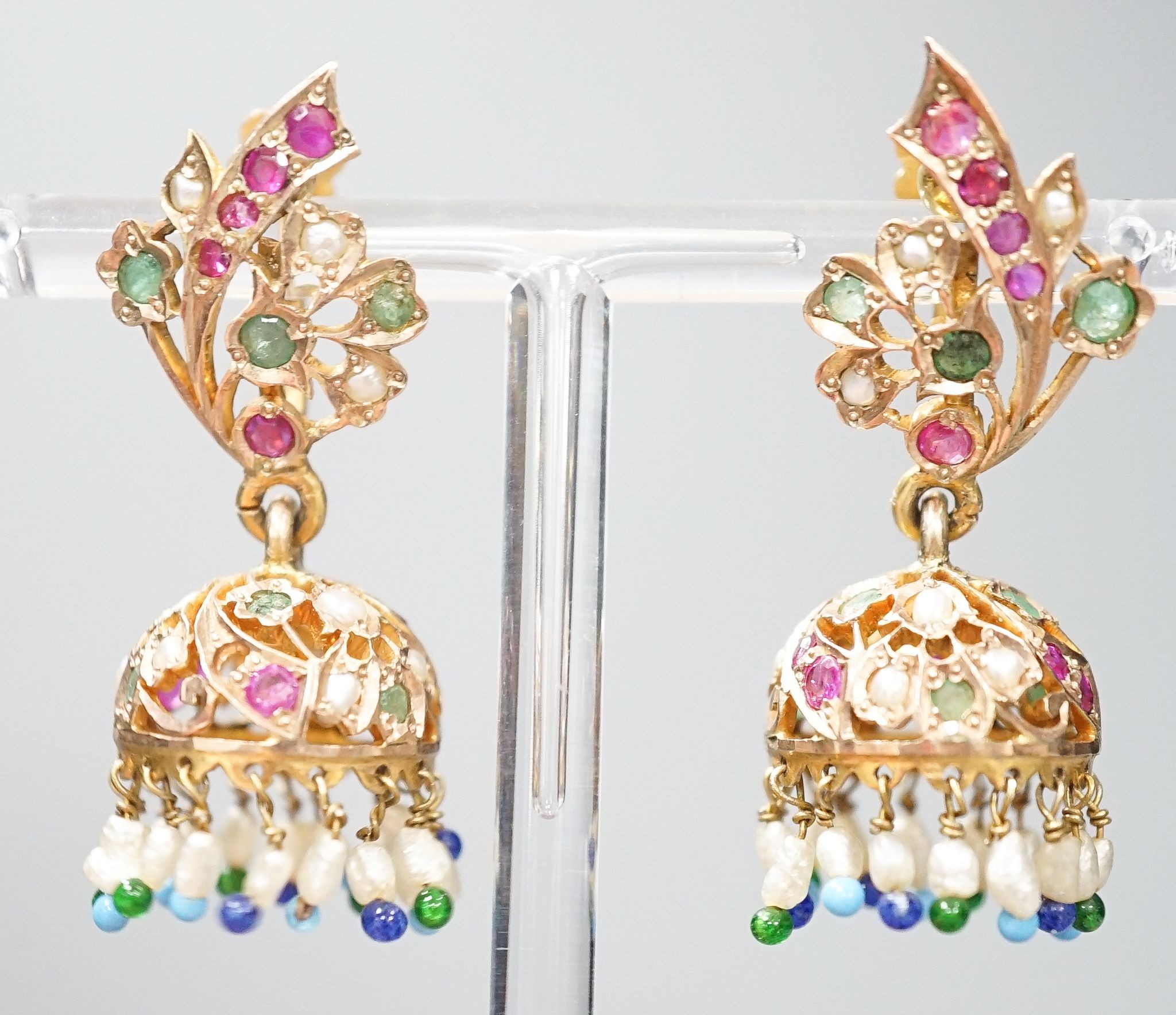 A pair of Indian? yellow metal and multi-gem set drop ear clips, 41mm, gross weight 13.2 grams.